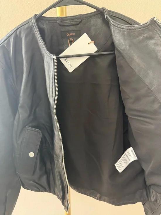 Quince 100% Leather Collarless Cropped Bubble Hem Jacket